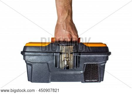 Hand Holding Toolbox Isolated On White, Worker Carrying Toolbox Or Organiser With Metal Latch