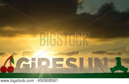 Giresun City, City Of Giresun Text With Cherry And Hazelnut Symbol On Sunset