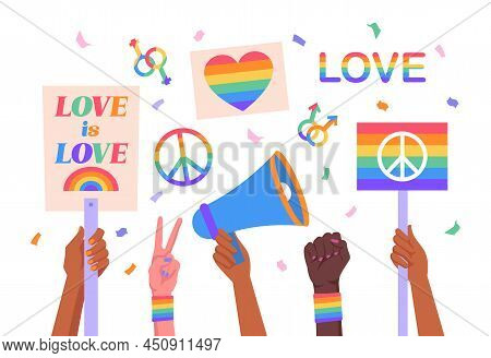 Lgbt Signs Concept. Hands Holding Placards, Rally Or Protest. Fight For Rights, Equality And Toleran