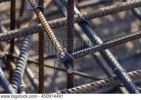 Reinforcement Prepared For Pouring A Reinforced Concrete Foundation Or Grillage. Preparation Of The 