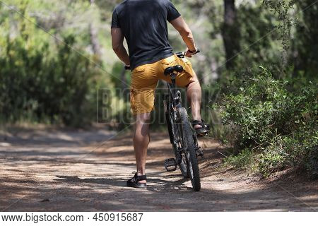 Close-up Of Male Rents Bike For Ride, Forest Landscape, Path For Journey, Adventure Time. Bicycle Tr