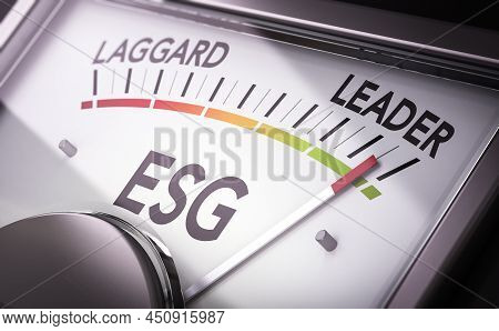 Close Up Of A Dial For Esg Rating, Environmental, Social And Corporate Governance Score. 3d Illustra