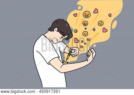 Young Man Inject Likes And Hearts With Syringe. Concept Of Public Approval And Social Media Addictio
