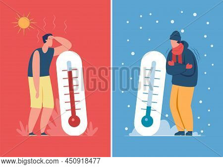 Male Character In Hot And Cold Weather With Outdoor Thermometer. Person Sweating Or Freezing, Summer