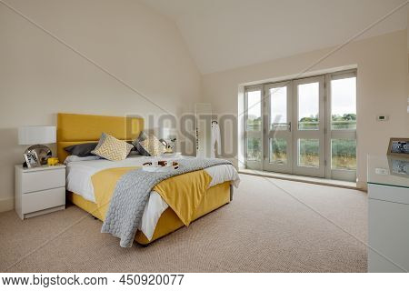 Radwinter, Essex - Sept 12 1018: Modern Bright Furnished Bedroom Within Brand New Luxury Home With B