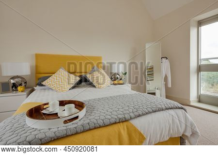 Radwinter, Essex - Sept 12 1018: Modern Bright Furnished Bedroom Within Brand New Luxury Home With B
