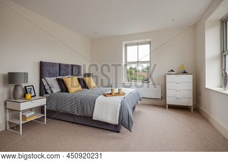 Radwinter, Essex - Sept 12 1018: Modern Bright Furnished Bedroom Within Brand New Luxury Home With B