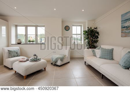 Radwinter, Essex - Sept 12 1018: Modern Furnished Sitting Room With Tiled Floor Within Brand New Hom
