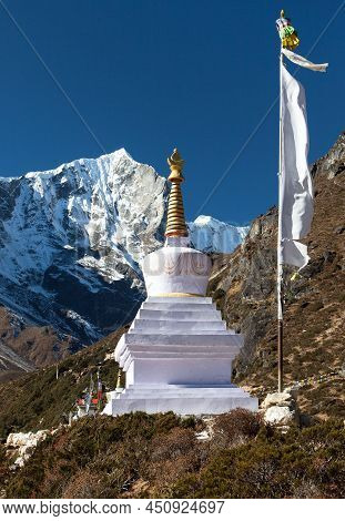 Thame Gompa With Stupa And Temple, Buddhist Monastery In Khumbu Valley On Three Passes Trek, Mount E