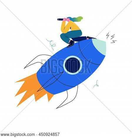 Woman With Binoculars On Flying Rocket, Female Entrepreneur, Startup, Exploring Business Opportuniti