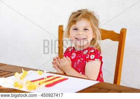 Little Creative Toddler Girl Painting With Finger Colors Popcorn Box And Making Paper Corns With Glu