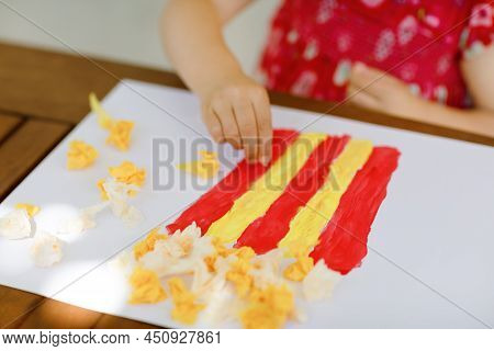 Little Creative Toddler Girl Painting With Finger Colors Popcorn Box And Making Paper Corns With Glu