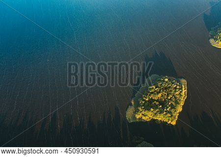 Lyepyel, Lepel Lake, Beloozerny District, Vitebsk Region. Aerial View Of Island On Lepel Lake In Aut