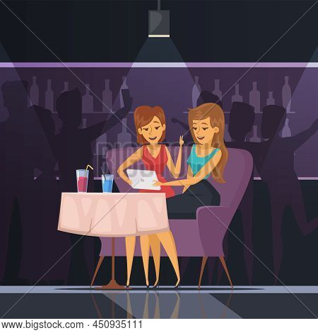 Selfie In Cafe With Women Tablet Table And Drinks Flat Vector Illustration