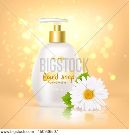 Colored And Realistic Cammomile Soap Background With White Plastic Tube And Realistic Flower Vector 
