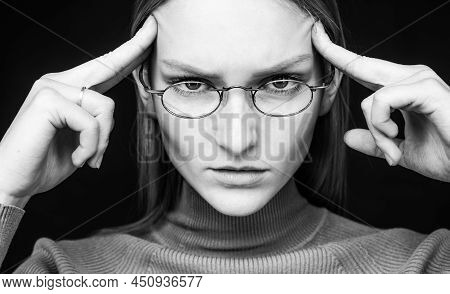 Overthinking. Woman Brainstorm. Smart Girl In Glasses. Business Thinking Analyse.