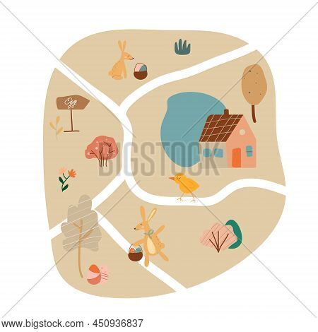 Egg Hunt Boho Map. Happy Easter. House And Bunnies. Cartoon Kids Village. Bohemian Greeting Card. Re