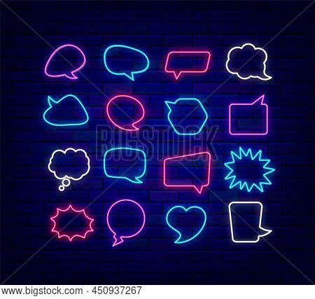 Colorful Speech Bubble Neon Sign Collection. Empty Frames Pack. Glowing Effect Banner. Thinking Clou