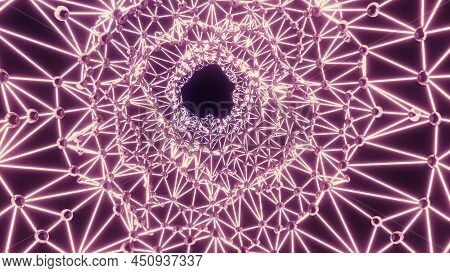 Tunnel With Neon Dots And Lines. Design. Vibrating Tunnel Made Of Polygon Mesh. Bright Tunnel With S