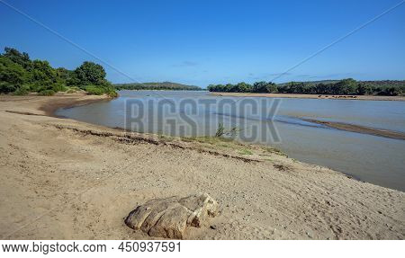 View Of The Limpopo River On The State Border Of South Africa And Zimbabwe. Beach And The Bed Of The