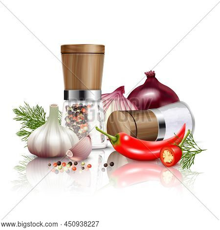 Colored And Realistic Spices Vegetables Composition With Fresh Vegetables And Flavorings To Dishes V