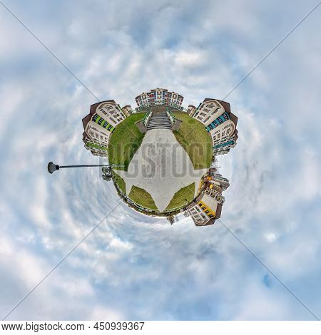 Tiny Planet In Sky With Clouds In Modern Multi-storey Multi-apartment Residential Complex Of Urban D