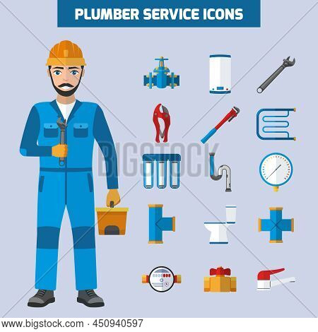 Plumber Icons Set With Flat Male Sanitary Technician Character Tubes Tools And Bath Equipment Images