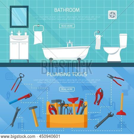 Plumbing Banners Set With Tool Box Flowchart Bathroom Interior Fitments Flat Images With Read More B