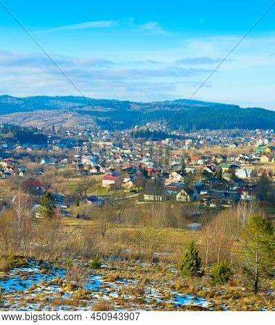 Winter Landscape With Carpathians Mountains Village. Skhidnytsya, Ukraine