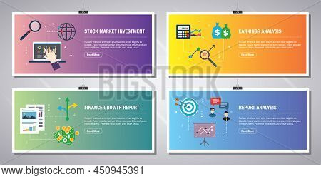 Web Banners Template In Vector With Icons Of Stock Market Investment, Earnings Analysis, Finance Gro