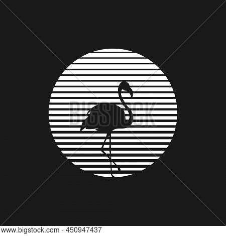 Retrowave Sun 1980s Style With The Flamingo Silhouette. Black And White Striped Sun With Flamingos S