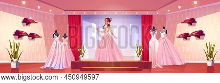 Beautiful Bride Fit On Wedding Dress In Bridal Shop. Young Girl Wear Pink Gown Stand On Podium At St