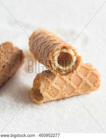 Homemade Wafer Rolls. Thin And Crispy Waffle. Selective Focus.