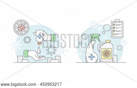 Disinfection Related Symbols Set. Hand Hygiene And Sanitizer Bottles Vector Illustration