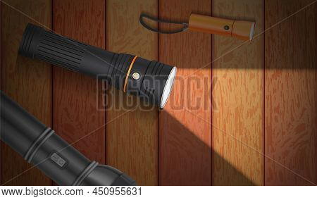 Flashlight Realistic Composition With Top View Of Wooden Table With Shining Ray Of Light From Flashl
