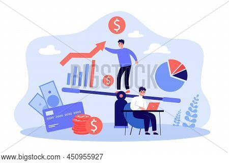 Investment Plans Of Tiny Businessman. Man Working On Balance Between Stock Market Segments And Profi