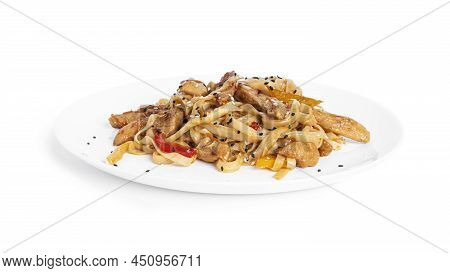 Wok Noodles With Chicken Isolated On A White Background. Pasta With Chicken Fillet.