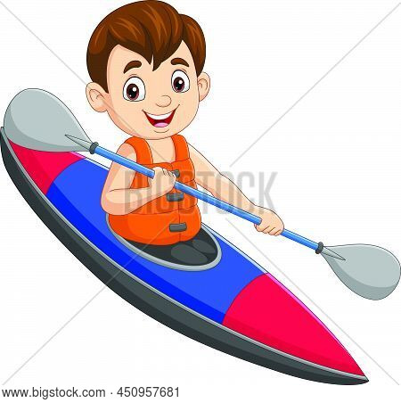 Vector Illustration Of Cartoon Little Boy Rowing A Boat