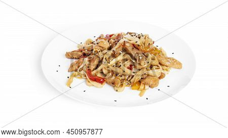 Wok Noodles With Chicken Isolated On A White Background. Pasta With Chicken Fillet.