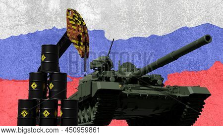 Close-up Of Russian T90 Tank On Oil Platform And Oil Barrels. Russian Concept Of War Russia Ukraine.