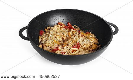 Wok Noodles With Chicken Isolated On A White Background. Pasta With Chicken Fillet.