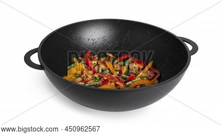 Fried Vegetables With Seafood. A Mix Of Seafood And Vegetables For Wok Noodles Isolated On A White B