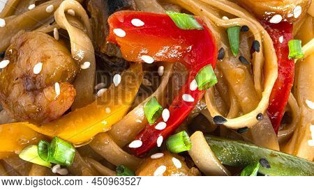 Wok Noodles With Seafood. Pasta With Shrimp And Mussels.