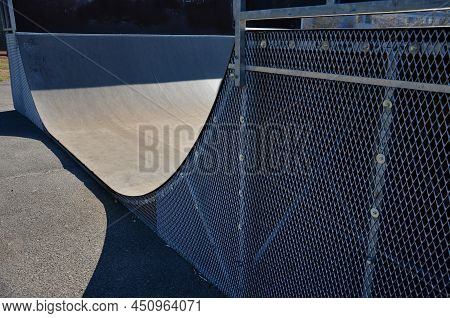 Metal Construction Ramp For Skateboarding, Serves As A Platform For Riding With An Inline Scooter Or