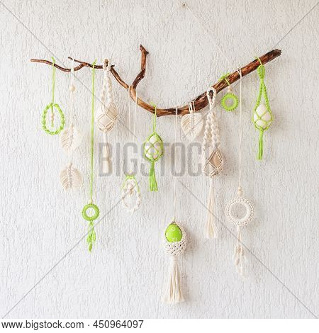Macrame Flower Accessory. Easter Time. Spring Easter Walhanging Decor On Wooden Stick