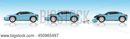 Cartoon Vector Or Illustration. Status Of The Soft Blue Ev Car From Normal Car To The Car Was Slight