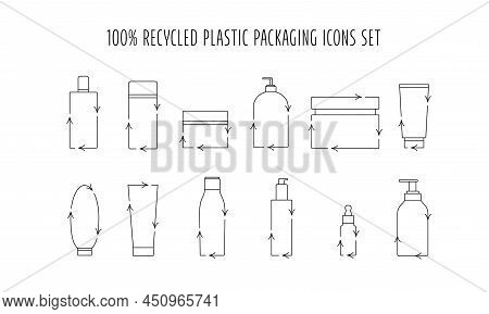 Recycled Cosmetic Plastic Bottles Set - Eco Packaging Icon. Vector Stock Illustration Isolated On Wh