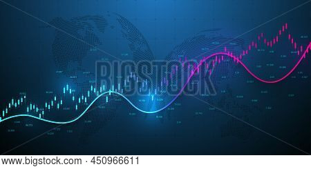 Abstract Financial Chart With Uptrend Line Graph And World Map On Black And White Color Background. 