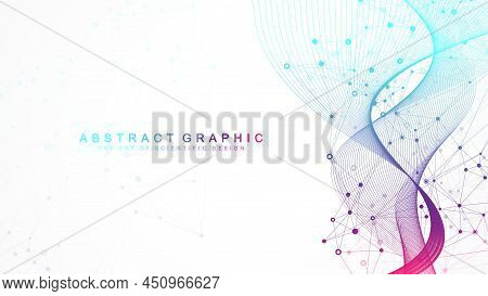Digits Abstract Background With Connected Line And Dots, Wave Flow. Digital Neural Networks. Network