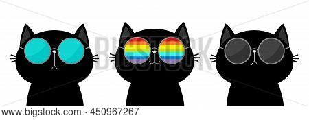 Cat Wearing Sunglasses Eyeglasses Set. Rainbow, Blue, Black Lenses. Cute Cartoon Funny Character. Ki